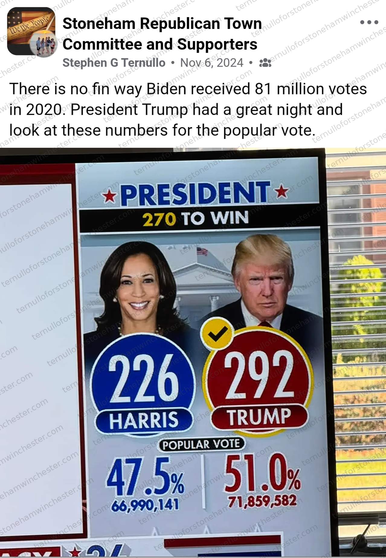 Facebook post in the "Stoneham Republican Town Committee and Supporters" group by Stephen G Ternullo (Nov 6, 2024), questioning the legitimacy of Joe Biden's 2020 popular-vote total and pointing to results on screen from a different election. Text: "There is no fin way Biden received 81 million votes in 2020. President Trump had a great night and look at these numbers for the popular vote." Attached photo: a TV screen showing 2024 presidential election results, headlined "PRESIDENT β 270 TO WIN," with photos of Kamala Harris and Donald Trump above electoral vote totals "226 Harris" and "292 Trump" (a yellow checkmark over Trump's total), and below that "POPULAR VOTE" showing "47.5% / 66,990,141" for Harris and "51.0% / 71,859,582" for Trump. No other commenters or redactions appear in the image.