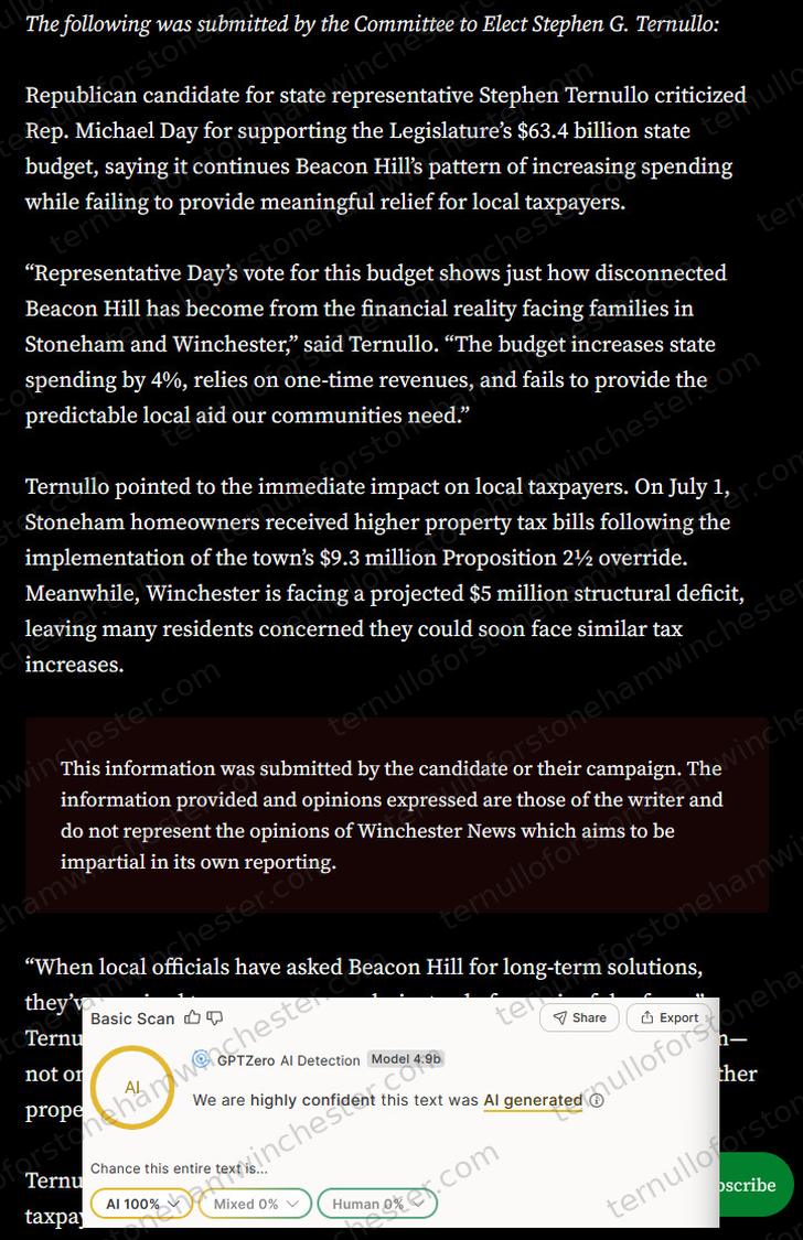 Screenshot of a Winchester News article opening with the italicized line "The following was submitted by the Committee to Elect Stephen G. Ternullo:", with the "GPTZero" AI-detection browser extension's "Basic Scan" overlaid on the lower portion. Article text: "Republican candidate for state representative Stephen Ternullo criticized Rep. Michael Day for supporting the Legislature's $63.4 billion state budget, saying it continues Beacon Hill's pattern of increasing spending while failing to provide meaningful relief for local taxpayers. 'Representative Day's vote for this budget shows just how disconnected Beacon Hill has become from the financial reality facing families in Stoneham and Winchester,' said Ternullo. 'The budget increases state spending by 4%, relies on one-time revenues, and fails to provide the predictable local aid our communities need.' Ternullo pointed to the immediate impact on local taxpayers. On July 1, Stoneham homeowners received higher property tax bills following the implementation of the town's $9.3 million Proposition 2Β½ override. Meanwhile, Winchester is facing a projected $5 million structural deficit, leaving many residents concerned they could soon face similar tax increases." A highlighted disclaimer box in the middle of the article reads: "This information was submitted by the candidate or their campaign. The information provided and opinions expressed are those of the writer and do not represent the opinions of Winchester News which aims to be impartial in its own reporting." The remainder of the article continues below, partially obscured by the overlay ("When local officials have asked Beacon Hill for long-term solutions, they've..."). The GPTZero "Basic Scan" overlay reads "We are highly confident this text was AI generated," breaking the text down as AI 100%, Mixed 0%, Human 0%.