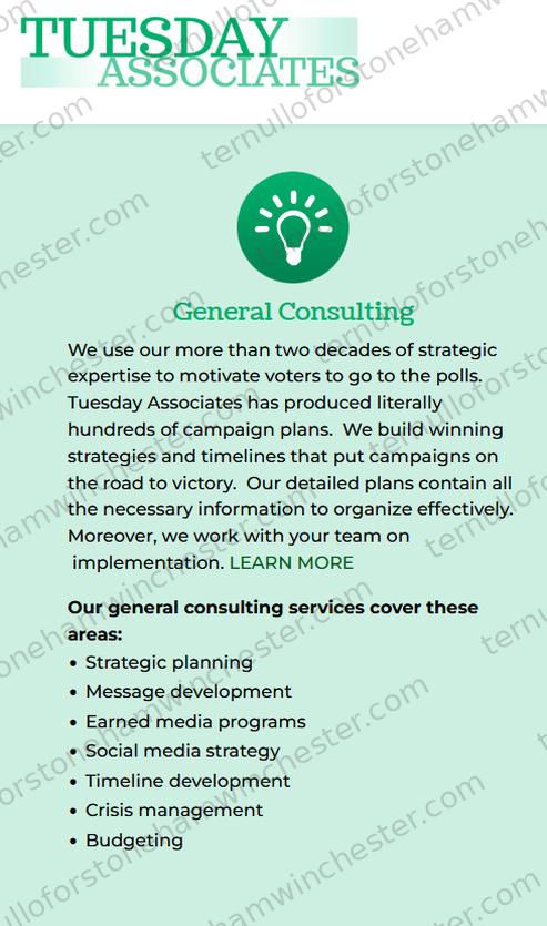 Screenshot of the "Tuesday Associates" political consulting firm's website, its "General Consulting" service page. Text: "We use our more than two decades of strategic expertise to motivate voters to go to the polls. Tuesday Associates has produced literally hundreds of campaign plans. We build winning strategies and timelines that put campaigns on the road to victory. Our detailed plans contain all the necessary information to organize effectively. Moreover, we work with your team on implementation." Below is a bulleted list, "Our general consulting services cover these areas: Strategic planning, Message development, Earned media programs, Social media strategy, Timeline development, Crisis management, Budgeting."
