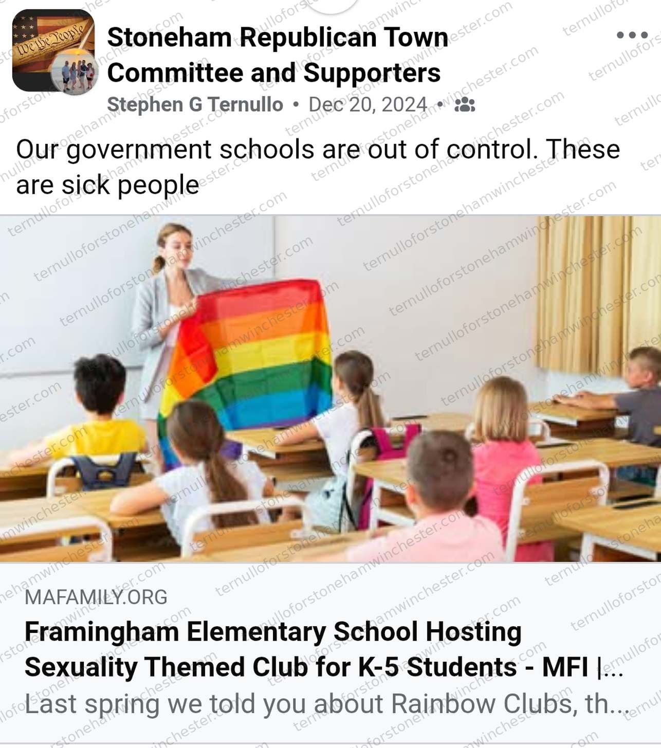 Facebook post in the "Stoneham Republican Town Committee and Supporters" group by Stephen G Ternullo (Dec 20, 2024). Text: "Our government schools are out of control. These are sick people." Attached is a shared article from mafamily.org, with a stock photo of a teacher holding up a rainbow pride flag in front of a classroom of elementary-age children seated at desks, headlined "Framingham Elementary School Hosting Sexuality Themed Club for K-5 Students - MFI |..." with preview text "Last spring we told you about Rainbow Clubs, th..." No other commenters or redactions appear in the image.