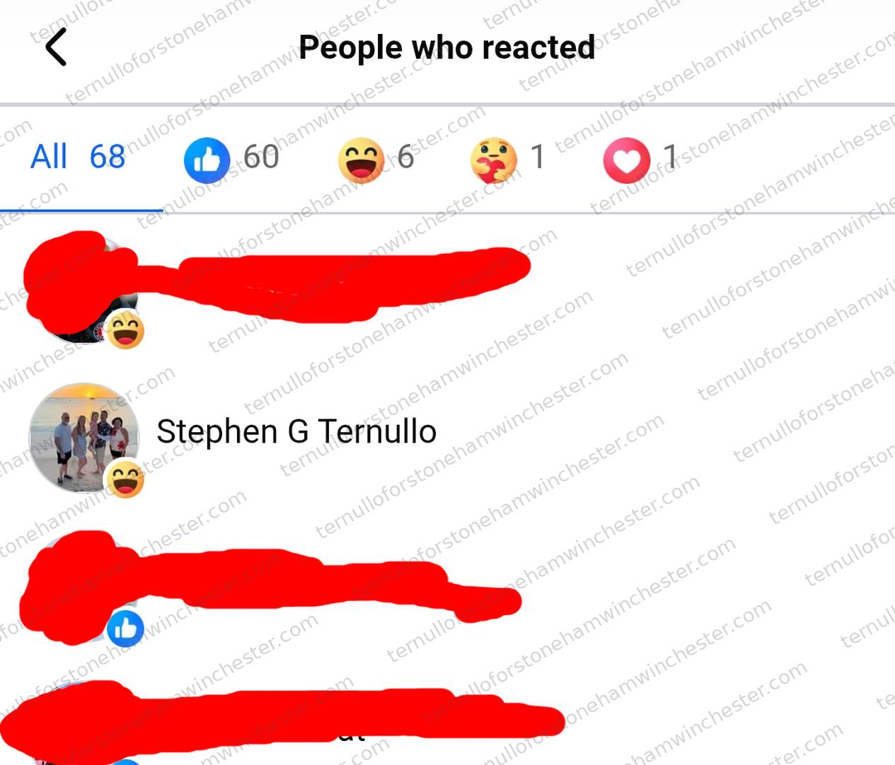 Facebook "People who reacted" screen for a post (68 total reactions: mostly Likes, several "haha" laughing reactions, one "care" and one "love"), documenting that Stephen G Ternullo reacted with the laughing "haha" emoji. His entry, with his beach-photo avatar, is visible unredacted: "Stephen G Ternullo π". Several other people in the list who also left "haha" or "like" reactions have their avatars and names covered by red marker strokes.