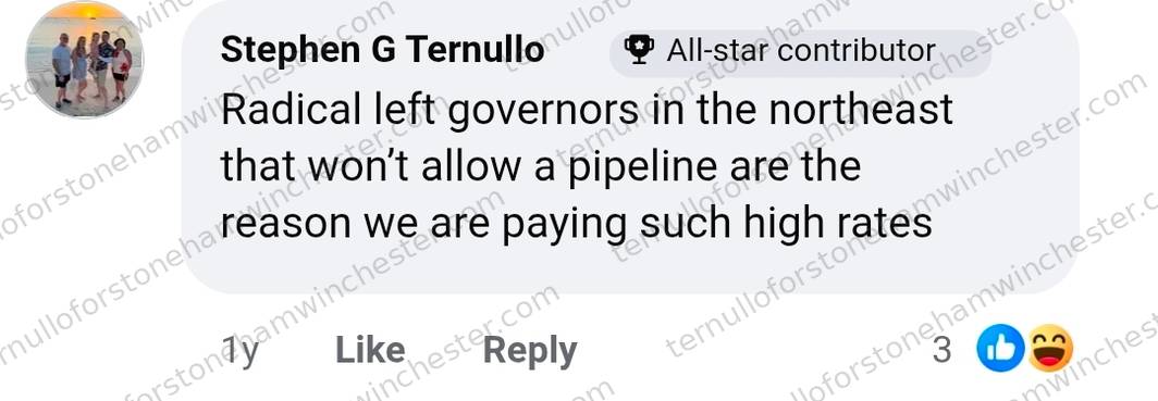 Single Facebook comment by Stephen G Ternullo (marked "All-star contributor"), about energy prices. Text: "Radical left governors in the northeast that won't allow a pipeline are the reason we are paying such high rates." No other commenters appear in the image.
