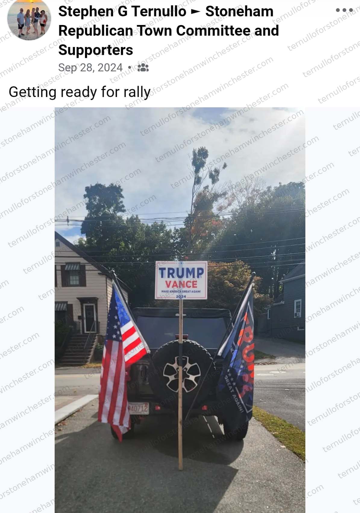 Facebook post in the "Stoneham Republican Town Committee and Supporters" group by Stephen G Ternullo (Sep 28, 2024). Text: "Getting ready for rally." Attached is a photo of the back of a Jeep parked on a residential street, mounted with a spare tire, flying an American flag and a "Trump" flag on either side of a sign reading "TRUMP VANCE β MAKE AMERICA GREAT AGAIN! 2024." No other commenters or redactions appear in the image.