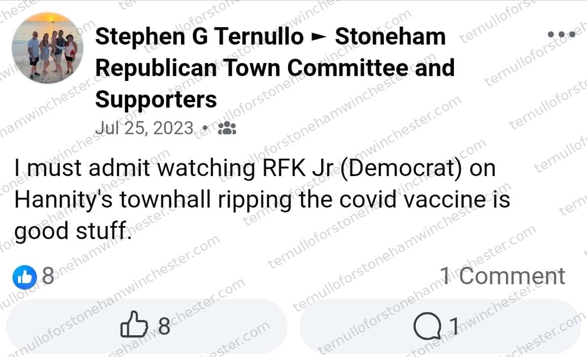 Facebook post in the "Stoneham Republican Town Committee and Supporters" group by Stephen G Ternullo (Jul 25, 2023), text-only. Text: "I must admit watching RFK Jr (Democrat) on Hannity's townhall ripping the covid vaccine is good stuff." No comment text is shown, and no redactions appear in the image.
